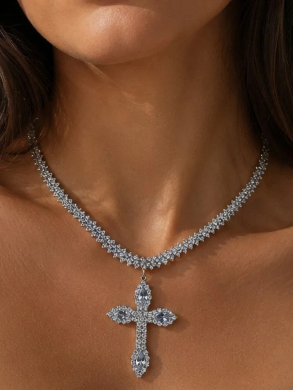 Crucifix Cross Choker Rhinestone Encrusted Dramatic Statement Silver Necklace